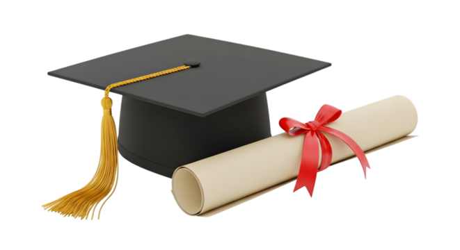 Graduation Cap and Diploma with Red Ribbon on Black Background Keywords: graduation, cap, diploma, degree, certificate, academic, education isolated on a transparent background