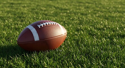 American Football Rests on Lush Green Grass Field Ready for Game.