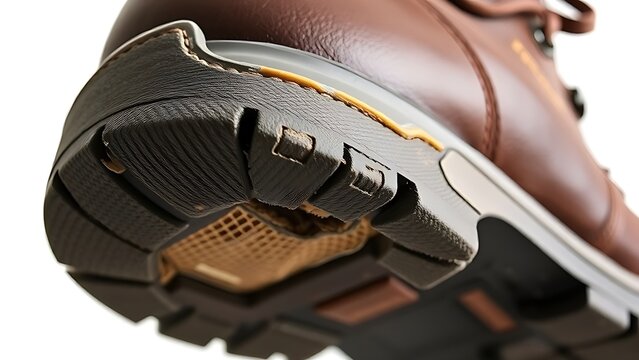 heel. Close-up of a worn leather hiking boot heel showing inner material and texture. lifestyle magazines, social media lookbooks, designed for lifestyle magazines and social media content.