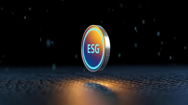Rotating ESG coin on digital surface environmental social governance concept animation.