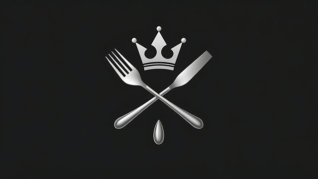 prestige. A minimalist emblem with a delicate crown encircled by stylized crossed cutlery. menu design, packaging mockups, designed for culinary blogs and recipe cards for restaurants.