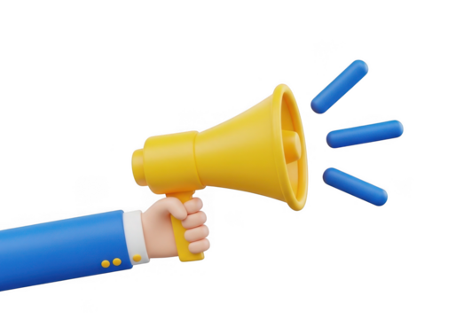 Yellow megaphone held by a hand isolated on transparent background