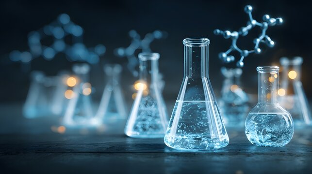 Glass laboratory flasks containing clear bubbling liquid sit on a dark surface with molecular structures floating above