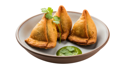 Three Golden Samosas with Cilantro and Green Chutney in a Bowl Keywords: samosas, fried, golden, pastry, Indian food, snack, appetizer, chutney isolated on a transparent background