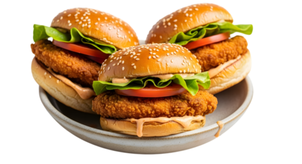 Three Crispy Fried Chicken Burgers with Lettuce Tomato and Sauce in a Bowl Isolated Keywords: burgers, chicken, fried, crispy, lettuce, tomato isolated on a transparent background