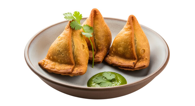 Three Golden Samosas with Cilantro and Green Chutney in a Bowl Keywords: samosas, fried, golden, pastry, Indian food, snack, appetizer, chutney isolated on a transparent background