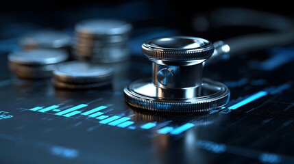 Metallic medical instrument rests on a glowing blue digital financial chart near stacks of silver currency