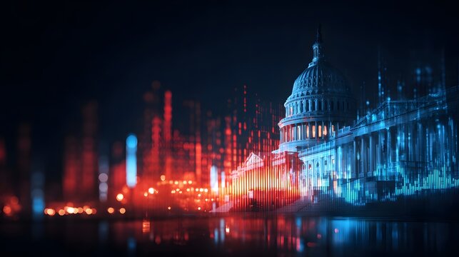 Illuminated government structure appears overlaid with futuristic digital data visualizations at night