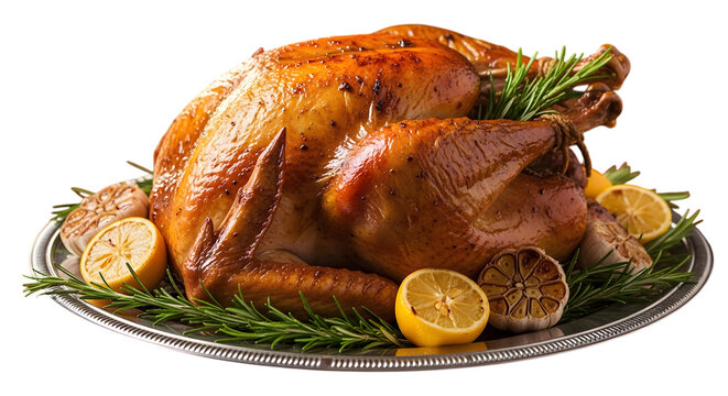 Whole Roasted Turkey with Lemon and Garlic on a Silver Platter (39) image isolated on a transparent background