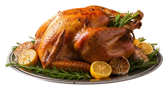 Whole Roasted Turkey with Lemon and Garlic on a Silver Platter (39) image isolated on a transparent background