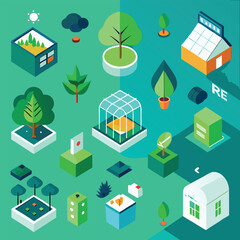 Fototapeta premium Isometric eco-friendly buildings and plants collection