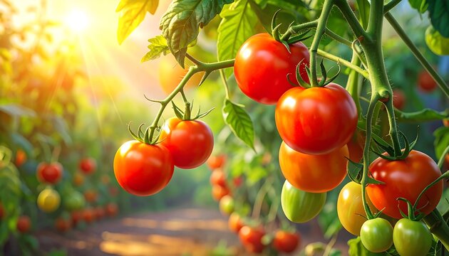 Close-up of ripe, red tomatoes on a vine in a sunlit greenhouse. The image captures the fresh, vibrant produce ready for harvest