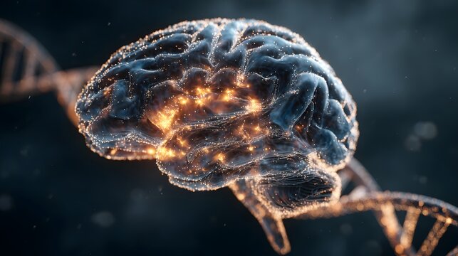 Illuminated organic brain structure overlays a helix of genetic material in a dark setting - Powered by Adobe