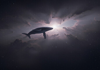 A whale swims through a dark, cloudy sky with a bright light shining through the opening in the clouds, creating a surreal and dreamlike scene.