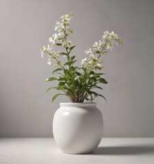 A delicate white ceramic pot holding a tiny flowering vine plant ,  kitchen decor,  pot