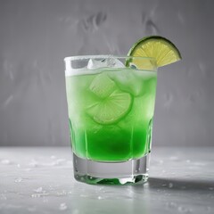 A salt-rimmed glass filled with a bright green cocktail containing tequila lime juice ice ,  beverages,  glass