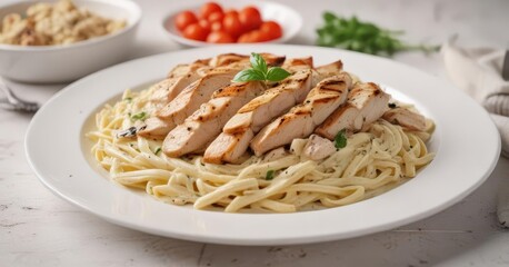 Creamy Alfredo pasta with grilled chicken on white plate center , pasta, creamy