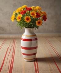 Elegant White and Red Striped Vase filled with bright Yellow Flowers on a Natural Jute Rug,  natural fiber rug,  interior design