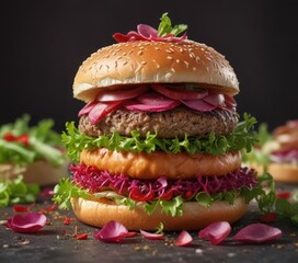 A delicate burger made with edible rose petals and microgreens on a bed of shredded lettuce , unique dishes,