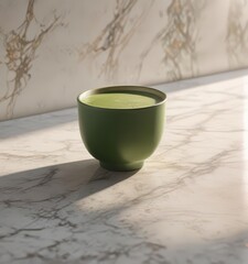 Matcha tea cup on marble surface with sunlight casting intricate shadows and a warm ambiance atmosphere,  peaceful,  marble