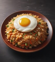 Plate of steaming hot fried rice with an ovoid egg on top, steamed rice,  egg shape
