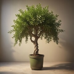 Elegant pot-adorned olive tree with lush green leaves and a full trunk ,  garden,  nature