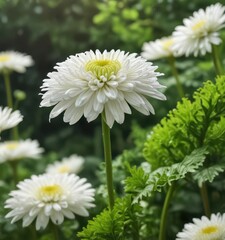 Unfurling white chrysanthemum bud in lush green environment,  garden,  botanical