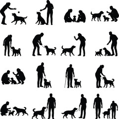 Human-dog interaction silhouettes, inclusive pet companionship, walking and training poses, vector illustration, black and white, emotional bonding scenes