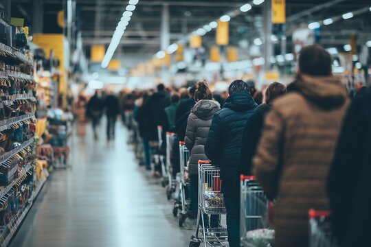 View of a long queue of customers with carts waiting at checkout line in a large store, concept for retail traffic management, peak shopping season and business efficiency