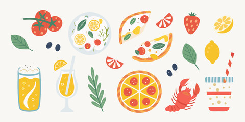 A vibrant collection of italian food and drinks including pizza pasta salad cocktails and fresh fruit