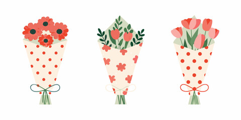 Three charming hand drawn floral bouquets in decorative wrapping paper with bows