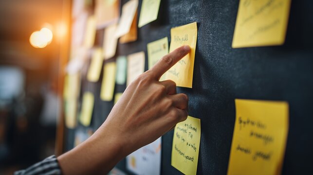Woman's hand points at yellow sticky note on a dark board filled with ideas, concept for project management, agile workflow and collaborative brainstorming