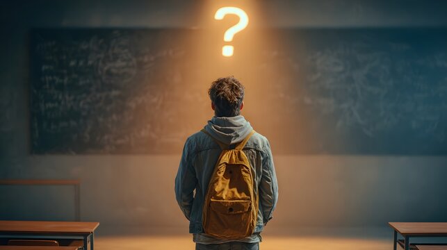 Young person standing before a dark classroom blackboard illuminated by a glowing question mark - Powered by Adobe