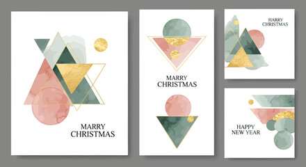 Geometric Christmas and New Year card designs with watercolor shapes and gold accents on white backgrounds.