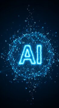 Abstract glowing blue ai logo with interconnected digital network and binary code on a dark background, representing artificial intelligence and technology