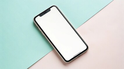 Modern smartphone mockup with blank screen on a minimal pastel pink and mint green split background.