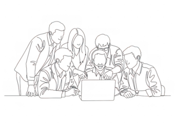 Group of people gathered around a laptop working collaboratively in a team setting isolated on transparent background