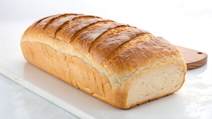 Freshly baked, crusty loaf of white sandwich bread on a clean white surface with a wooden board.