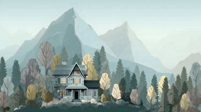 Stone residence nestles amidst dense forest against a backdrop of layered, misty peaks