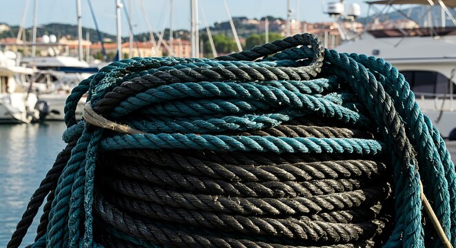 Coiled rope on a dock with boats in the background.