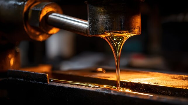 Thick golden liquid streams from industrial machinery onto a surface in low light