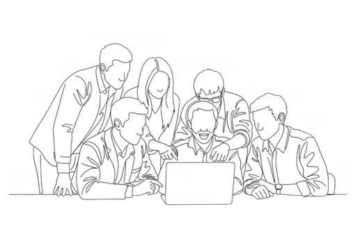 Group of people gathered around a laptop working collaboratively in a team setting isolated on transparent background