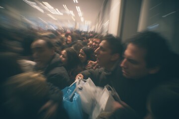 Dense crowd of people rushing forward carrying shopping bags in a blurred motion, concept for Black Friday sale, consumerism frenzy and holiday shopping excitement