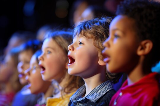 Diverse group of young children singing in a choir with open mouths and focused expressions under blue light. Concept for school performance, community involvement and youth development