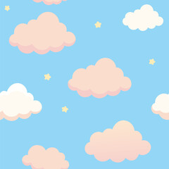 Obraz premium Pastel clouds and stars seamless pattern on blue sky Keywords: clouds, sky, seamless pattern