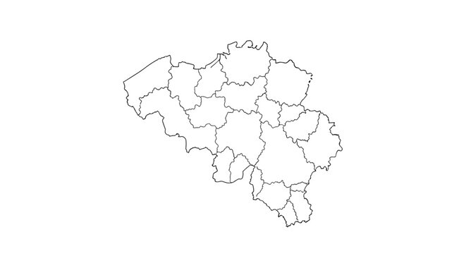 Clean, minimalist outline map of Belgium, prominently displaying its internal provincial divisions on a crisp white background.