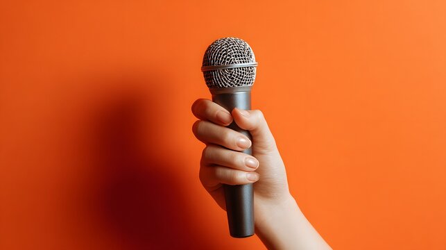 Person holds handheld vocal device against bright orange backdrop with shadow