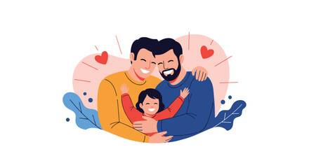 A loving gay couple embraces their happy child, symbolizing a modern family full of joy and affection.