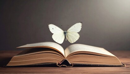 "An open book rests on a wooden surface as a delicate white butterfly perches on its page, with another fluttering nearby. Warm tones and soft focus evoke a serene, poetic atmosphere."