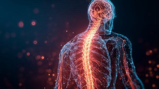 Abstract visualization of human anatomy featuring brain, spine and nervous system, concept for medical illustration, scientific research and educational material